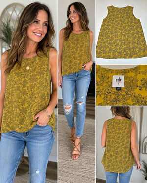 CAbi Women’s Large Sleeveless Paisley Blouse Mustard Yellow Black Style 3617